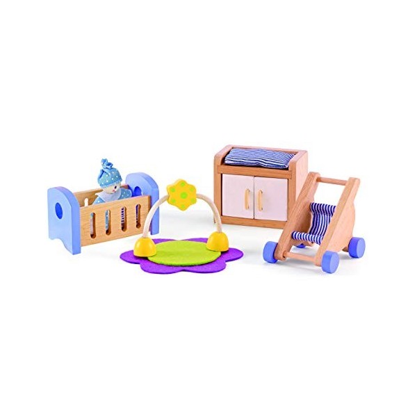 Jouet Hape - Ensemble Chambre de Bébé pour Maison de Poupée en Bois - Accessoires Chambre Bébé en Bois Berceau, Table à Lange