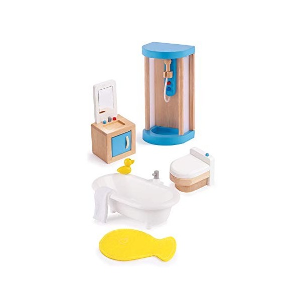 Jouet Hape - Meubles Salle de Bain en Bois pour Maison de Poupée - Accessoire pour Salle de Bain : Douche, Baignoire, Toilett