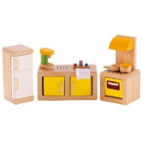 Jouet Hape - Meubles de Cuisine en Bois - Accessoires Cuisine Pour Maison de Poupée en Bois : Cuisinière, Évier, Réfrigérateu