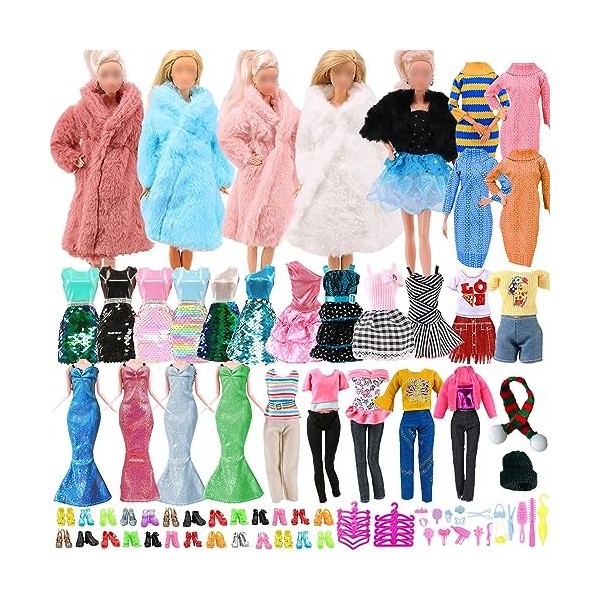 Lot de 70 vêtements et accessoires compatibles avec les poupées Barbie de 29,9 cm, y compris 2 manteaux dhiver, 1 pull, 7 ro