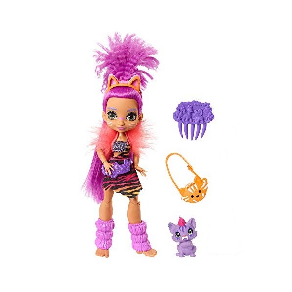 Cave Club poupée préhistorique articulée Roaralai aux Cheveux Violets avec Figurine bébé Tigre Ferrell et Accessoires, Jouet 