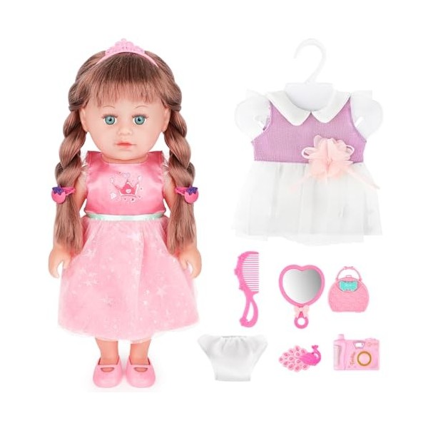 deAO Ensemble de Jeu de poupée bébé, Poupée Déguisement 36 cm avec 2 Tenues et Accessoires de poupée pour peigner et coiffer 