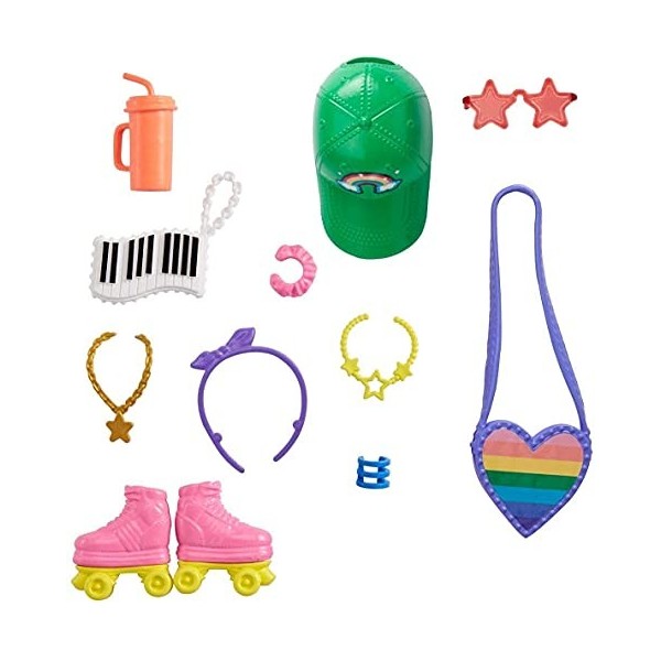 Barbie Fashionistas Kit Accessoires pour poupée sur le thème du roller avec 11 éléments de jeu, jouet pour enfant, GRC12