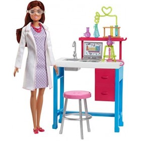 Barbie Métiers Laboratoire de poupées avec bureau de chimiste, accessoires scientifiques, ordinateur portable et tabouret, jo
