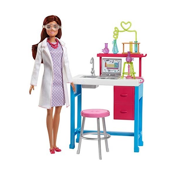 Barbie Métiers Laboratoire de poupées avec bureau de chimiste, accessoires scientifiques, ordinateur portable et tabouret, jo