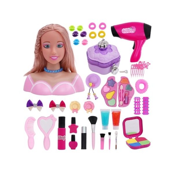 Glimetal Lot de 40 têtes de poupée de maquillage avec accessoires de sèche-cheveux pour enfants et filles