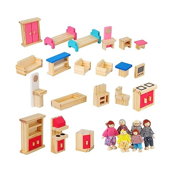 FENGQ Ensemble de meubles pour maison de poupée, 31 pièces - Accessoires de maison de poupée - Meubles en bois - Maison de po