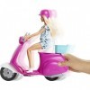 Barbie Mobilier poupée​ blonde avec son scooter rose et blanc, casque inclus, jouet pour enfant, GBK85