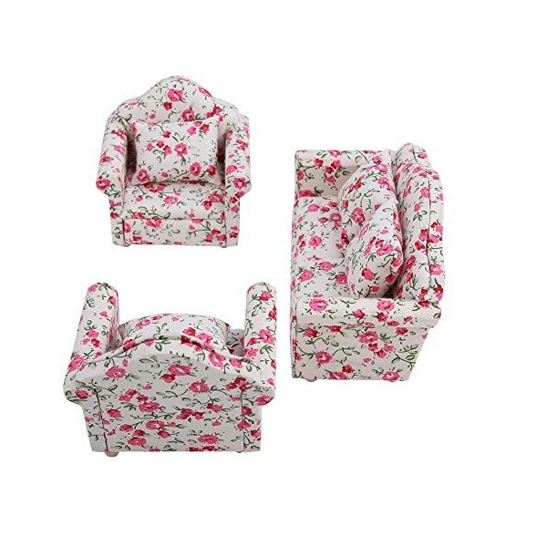 Dilwe Sofa de Maison de poupée, Accessoires de Maison de poupée à léchelle 1/12, Motif de Fleurs, Mini Ensemble de Meubles a