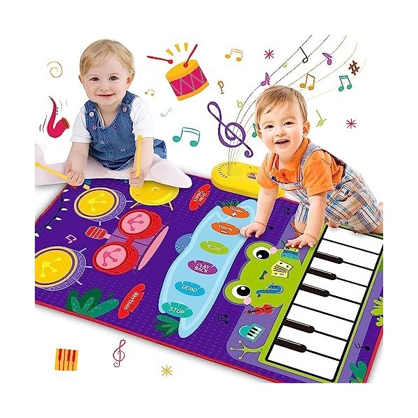 LEADSTAR Jeu Musical bébé 1 an,Tapis de Danse&Tambour 2 en 1,Tapis de Jeu avec Batterie de Jazz et Claviers de Piano,Jouet En