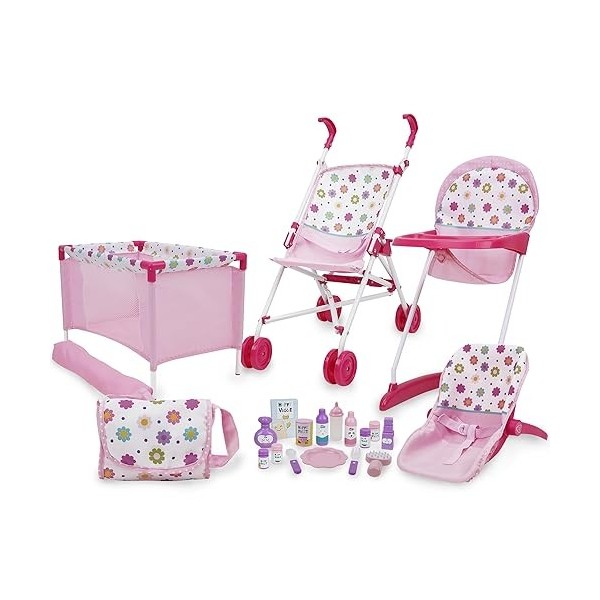 509 Crew Spring Kit de jeu de poupées 21 pièces Stroll n Play & Care Rose – Poussette pour poupée, lit de voyage pour poupée,