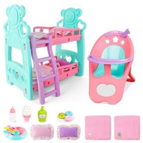 deAO Doll Accessoires Set Accessoires Pour Poupées De Bébé, Poupées Incluses, Lit Surélevé De Poupée Avec Escabeau, Couvertur