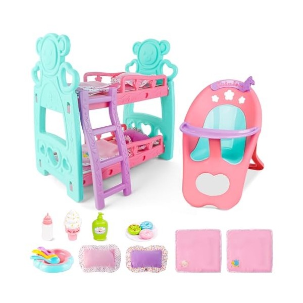 deAO Doll Accessoires Set Accessoires Pour Poupées De Bébé, Poupées Incluses, Lit Surélevé De Poupée Avec Escabeau, Couvertur