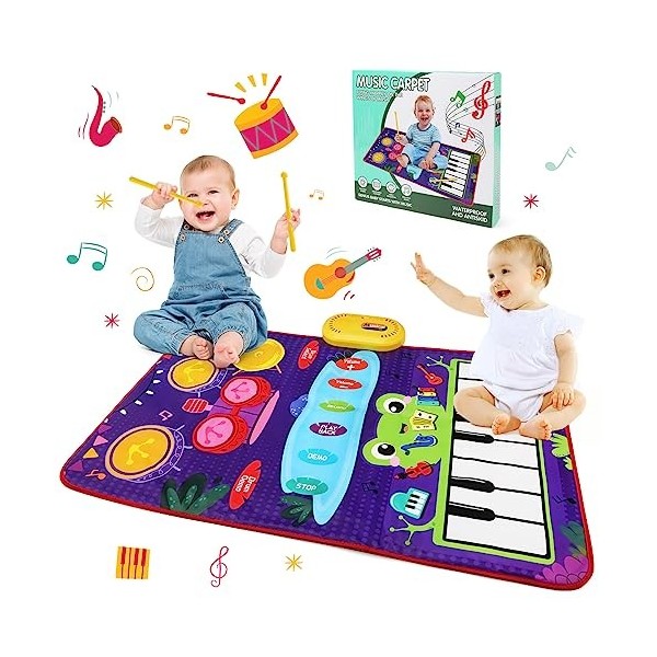 JoyPlus Jouets Musical Bébé 1 an, Tapis de Piano pour Enfants, Jouet Musical 2 en 1 pour Piano et Batterie de Jazz avec 2 Bât
