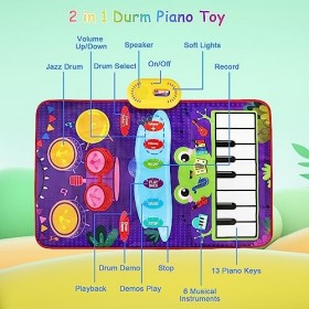 JoyPlus Jouets Musical Bébé 1 an, Tapis de Piano pour Enfants, Jouet Musical 2 en 1 pour Piano et Batterie de Jazz avec 2 Bât