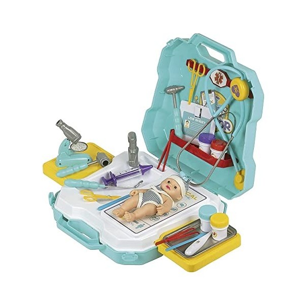 Valise Centre pediatrique avec Poupon 18 cm - malette Soins Docteur - Cabinet Medical Poupee - Set Accessoires Nursery + 1 Ca