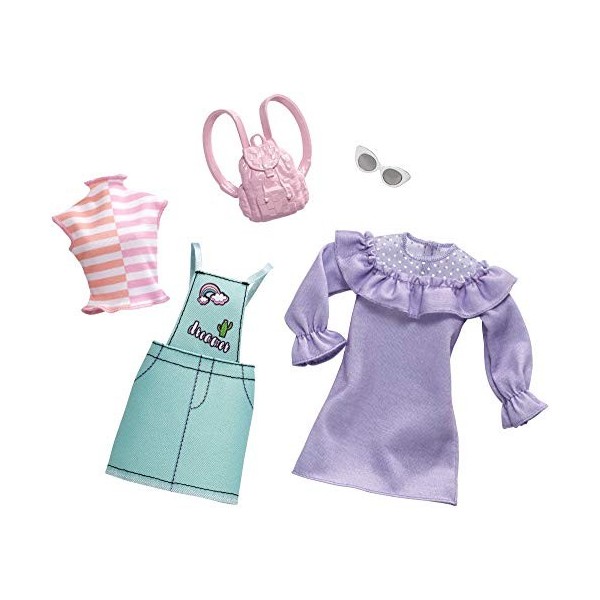 Barbie Fashionistas Kit Vêtements, 2 Tenues pour Poupée dont Salopette Vert Pastel, Robe, Tee-Shirt et Accesssoires, Jouet po