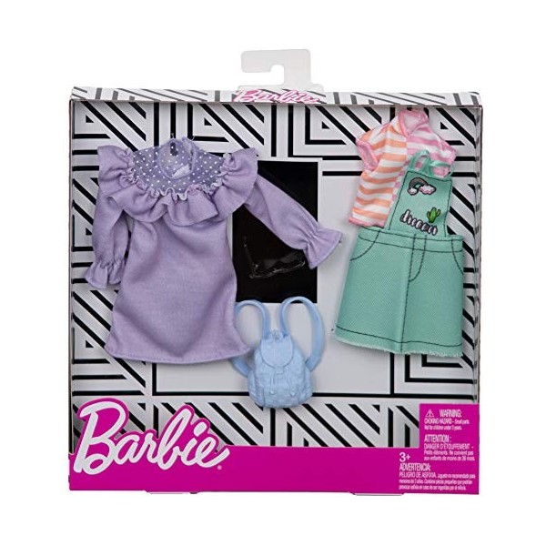 Barbie Fashionistas Kit Vêtements, 2 Tenues pour Poupée dont Salopette Vert Pastel, Robe, Tee-Shirt et Accesssoires, Jouet po