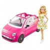 Barbie et sa Voiture Fiat 500 rose, véhicule 4 places décapotable avec poupée incluse, jouet pour enfant, GXR57