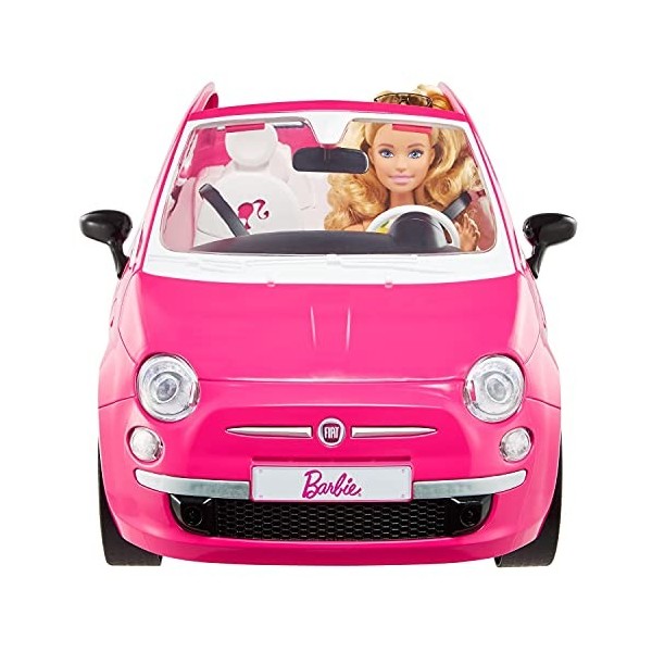 Barbie et sa Voiture Fiat 500 rose, véhicule 4 places décapotable avec poupée incluse, jouet pour enfant, GXR57