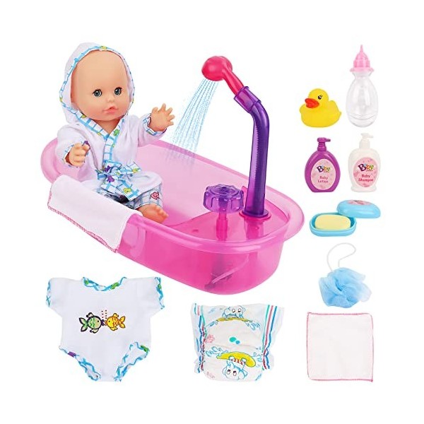 deAO Doll Set de Bain 13PCS avec 33cm Poupée, Baignoire et Autres Accessoire,Set Baignoire et Accessoires,avec la Fonction de