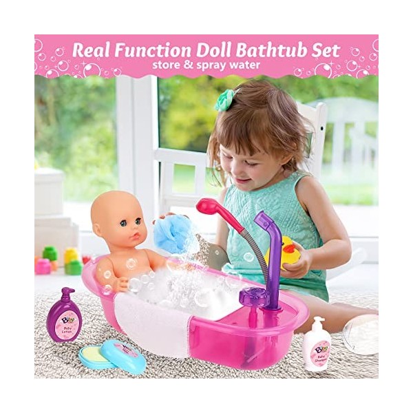 deAO Doll Set de Bain 13PCS avec 33cm Poupée, Baignoire et Autres Accessoire,Set Baignoire et Accessoires,avec la Fonction de