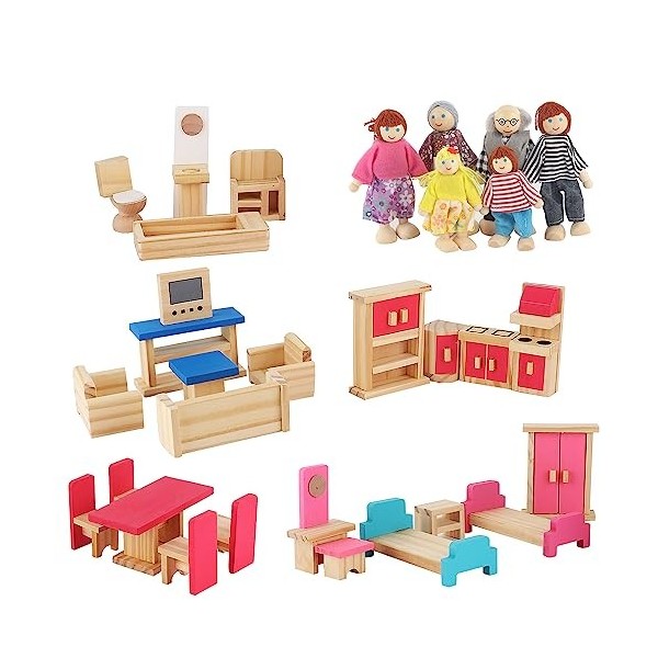 DAJASD Ensemble de meubles pour maison de poupée, 31 accessoires de maison de poupée, meubles en bois avec 6 poupées, maison 