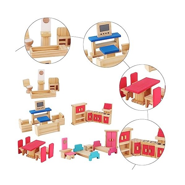 DAJASD Ensemble de meubles pour maison de poupée, 31 accessoires de maison de poupée, meubles en bois avec 6 poupées, maison 