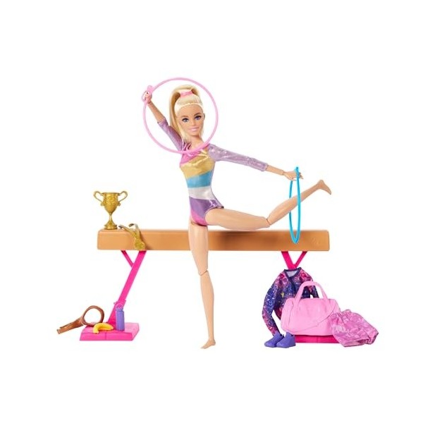 Barbie Coffret Gymnastique Avec 1 Poupée Blonde, Pince En C, Poutre D’Équilibre, Combinaison D’Échauffement, Plus De 10 Acces