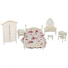 BSTCAR 6 Pièces Miniature Chambre Ensemble Meubles 1:12 échelle Maison de Poupée Lit Table Figurens Mini Modèles Bricolage Dé