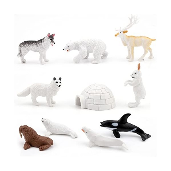 Gukasxi Lot de 10 figurines danimaux polaires avec igloo pour enfants - Figurines danimaux arctiques réalistes - Jouet pour