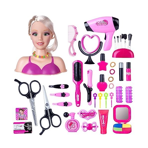 DENKA Poupée de coiffure de maquillage pour enfants, 44 pièces, poupée de princesse avec cosmétiques et accessoires, 2022