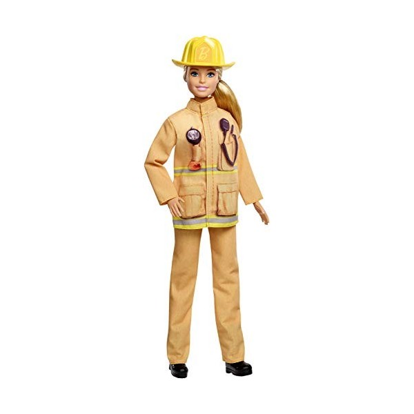 Barbie Métiers poupée pompier blonde portant un uniforme et un casque, jouet pour enfant, GFX29