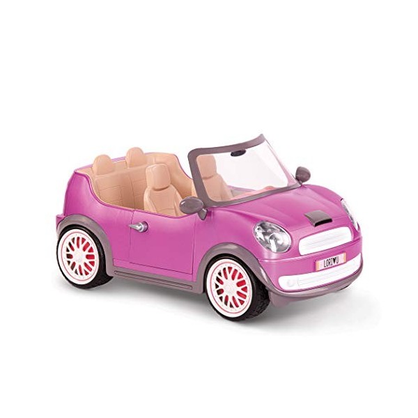 Lori LO37064Z Cabrio Rose Accessoires pour poupée 15 cm, Voiture de poupée, véhicule, Mini Cooper, Blanc, Rose, 4 Places, Cab