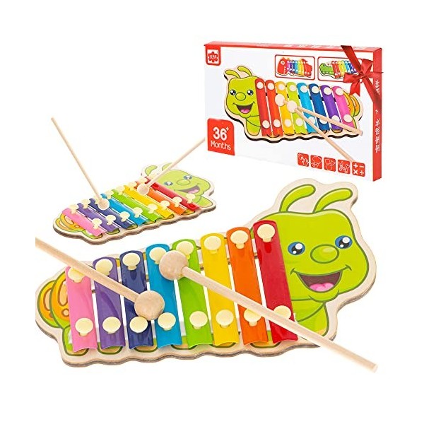 Xylophone Jouets Knock Piano Insecte 8 plaques sonores colorées pour Jouer Une Gamme,Notes Clavier Multicolor en Bois Jouets 