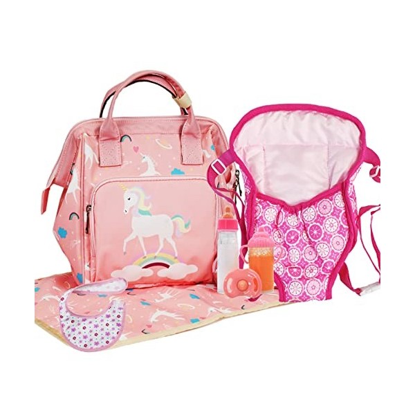 Accessoire Poupee avec Sac à Langer 5 Pièces Accessoire Poupon Comprenant Porte bebe Poupee, Un biberon, Une tétine, Un bavoi