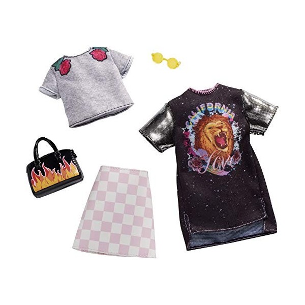 Barbie Fashionistas Kit Vêtements, 2 Tenues Rétro Rock pour Poupée dont Jupe, Robe, Tee-Shirt et Accesssoires, Jouet pour Enf