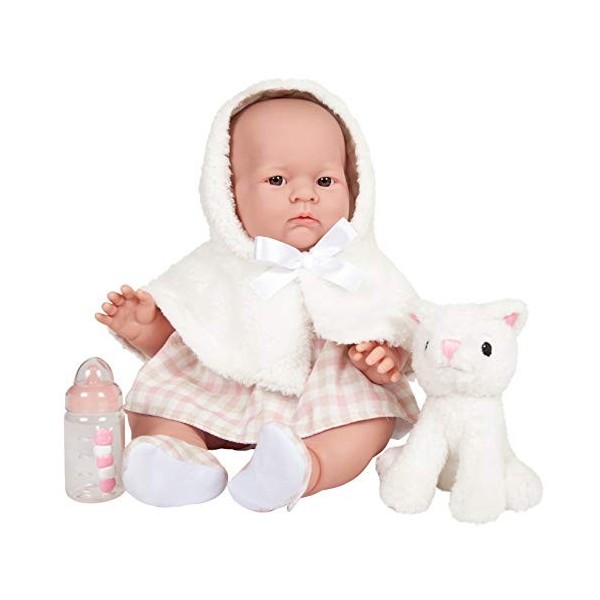 JC TOYS, Poupée Lily avec Corps en Caoutchouc Robe Rose/Blanc avec Capuche Animaux et Accessoires Fille