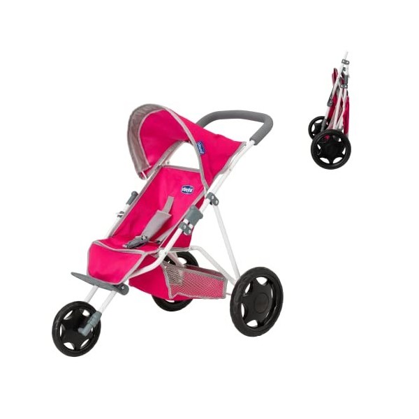 Chicco Junior Active Poussette à 3 roues | Poussette pour poupée en rose et gris | Poussette pour bébé | Poupée pliable pour 