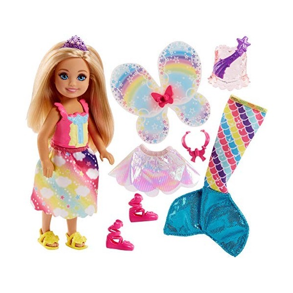 Barbie Dreamtopia Mini-poupée Chelsea Arc-en-ciel coffret 3-en-1 Blonde avec trois tenues de princesse, sirène et fée, Jouet 