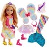 Barbie Dreamtopia Mini-poupée Chelsea Arc-en-ciel coffret 3-en-1 Blonde avec trois tenues de princesse, sirène et fée, Jouet 