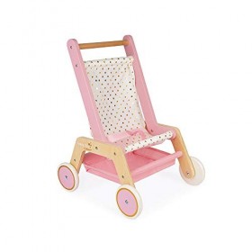 Janod - Poussette pour Poupon en Bois Candy Chic - Attaches en Velcro - Panier en Tissu pour Accessoires - Aide à la Motricit