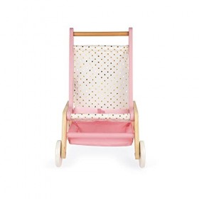 Janod - Poussette pour Poupon en Bois Candy Chic - Attaches en Velcro - Panier en Tissu pour Accessoires - Aide à la Motricit
