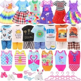 K.T Fancy Lot de 17 vêtements et accessoires pour poupée fille de 13 cm – 2 robes, 2 maillots de bain, 2 ensembles haut et pa