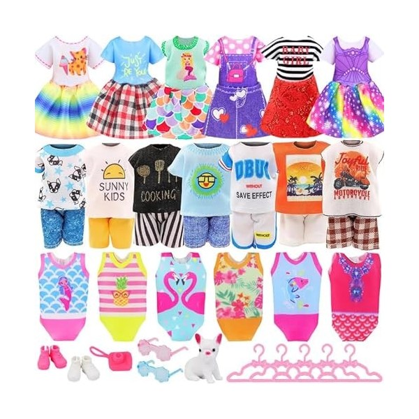 K.T Fancy Lot de 17 vêtements et accessoires pour poupée fille de 13 cm – 2 robes, 2 maillots de bain, 2 ensembles haut et pa