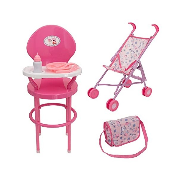 Peppa Pig Ensemble de jeu pour chambre denfant 4 pièces avec chaise haute, poussette Peppa Pig,Accessoires pour landaus, pou