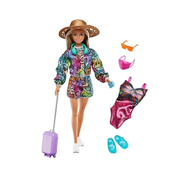 Barbie Holiday Fun Doll 12 inches , Blonde Highlighted Hair, Travel Tote & Hat, Swimsuit & Summer Accessories, Great Gift fo