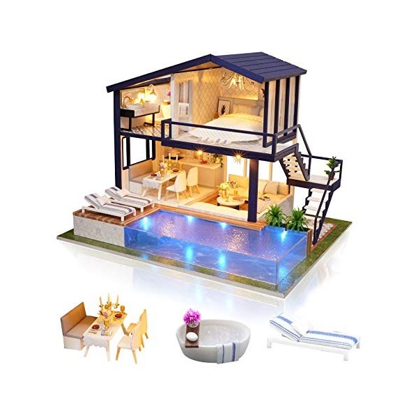 Cuteefun Maison Miniature a Construire DIY Maison Poupee Miniature Bois en Kit avec Musique Anti-Poussière et Meubles, Cadeau