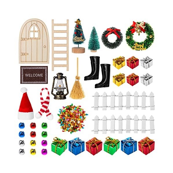 Lot de 36 décorations de Noël pour maison de poupée, accessoires miniatures pour maison de poupée de Noël, fausse porte légèr