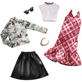 Barbie Fashionistas Kit Vêtements, 2 Tenues pour Poupée dont Jupe Imitation Cuir, Robe, Tee-Shirt, Veste et Accesssoires, Jou